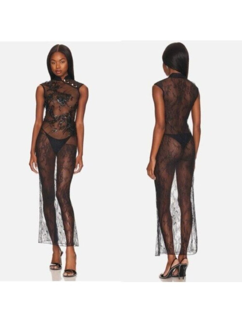 NWT Kim Shui Beaded Dragon Lace Maxi Dress XS Black Sheer Sequins Crystal Button